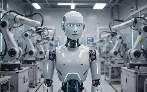 A humanoid robot with sleek design and glowing accents stands in a modern, automated smart factory environment. - Foto: über boerse-global.de