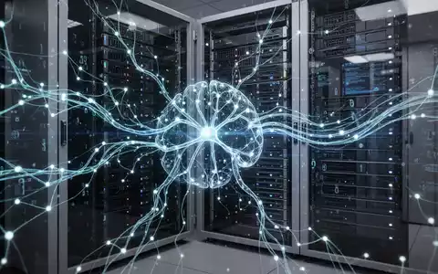 A glowing neural network overlaying a modern server rack, symbolizing AI integration with ERP systems and automated business processes. - Foto: über boerse-global.de