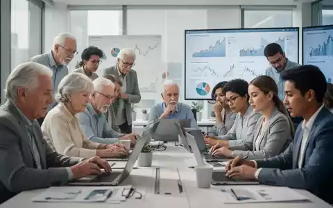 Eine vielfältige Gruppe von Menschen verschiedenen Alters arbeitet in einem modernen Büro, umgeben von Finanzdaten auf Bildschirmen. - Foto: über boerse-global.de