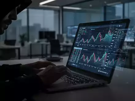 Eine Person sitzt im Dunkeln vor einem Laptop und tippt, wobei der Bildschirm ihr Gesicht beleuchtet und Daten widerspiegelt, was digitale Kriminalität und Betrug symbolisiert. - Foto: über boerse-global.de