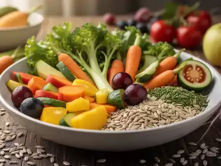 Nahaufnahme einer gesunden, ausgewogenen Mahlzeit mit farbenfrohem Gemüse, Obst und Vollkornprodukten, die die Ernährung zur Blutdruckkontrolle symbolisiert. - Foto: über boerse-global.de