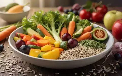 Nahaufnahme einer gesunden, ausgewogenen Mahlzeit mit farbenfrohem Gemüse, Obst und Vollkornprodukten, die die Ernährung zur Blutdruckkontrolle symbolisiert. - Foto: über boerse-global.de