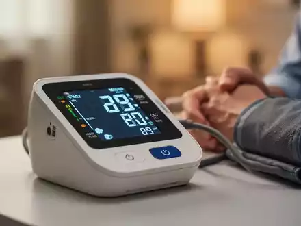 Nahaufnahme eines modernen Blutdruckmessgeräts, das eine digitale Anzeige zeigt, im Hintergrund eine verschwommene Hand und ein gemütliches Zuhause. - Foto: über boerse-global.de