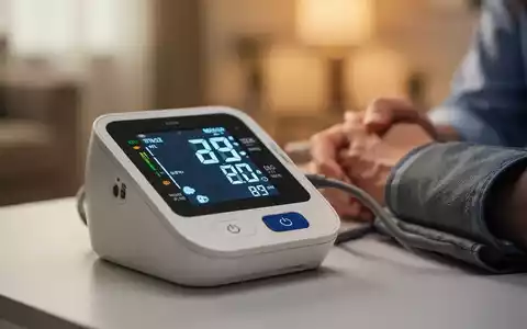 Nahaufnahme eines modernen Blutdruckmessgeräts, das eine digitale Anzeige zeigt, im Hintergrund eine verschwommene Hand und ein gemütliches Zuhause. - Foto: über boerse-global.de