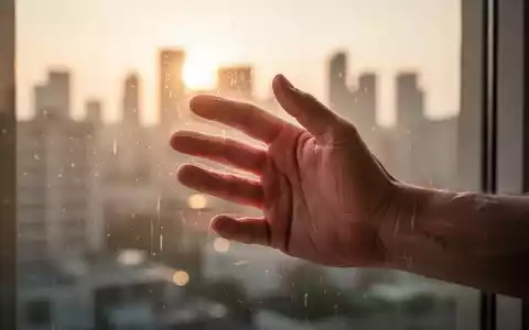 Eine Nahaufnahme einer Hand, die eine Fensterscheibe berührt, mit verschwommener Hitzewelle über einer Stadt im Hintergrund. - Foto: über boerse-global.de
