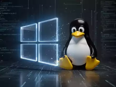 A glowing Windows logo merging with a Linux penguin mascot, symbolizing the integration of operating systems. - Foto: über boerse-global.de