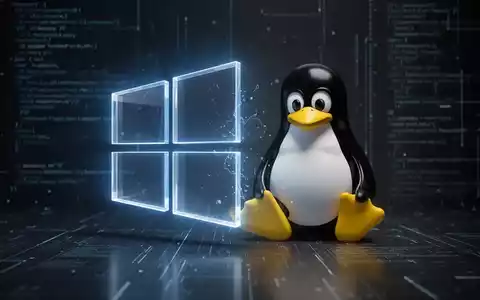 A glowing Windows logo merging with a Linux penguin mascot, symbolizing the integration of operating systems. - Foto: über boerse-global.de