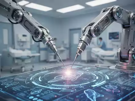 A robotic arm with a medical instrument working over a holographic display showing medical data in a hospital setting. - Foto: über boerse-global.de