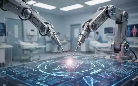 A robotic arm with a medical instrument working over a holographic display showing medical data in a hospital setting. - Foto: über boerse-global.de