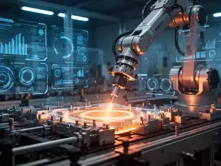 Ein Roboterarm arbeitet an einer Produktionslinie, umgeben von digitalen Schnittstellen, die Daten und Prozessoptimierung visualisieren. - Foto: über boerse-global.de