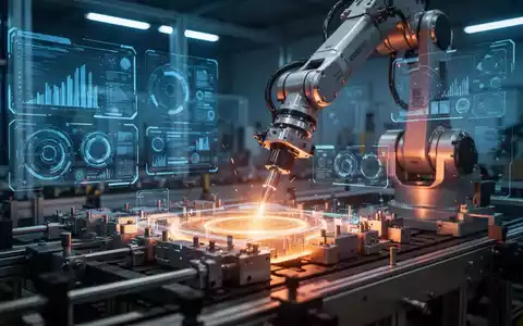 Ein Roboterarm arbeitet an einer Produktionslinie, umgeben von digitalen Schnittstellen, die Daten und Prozessoptimierung visualisieren. - Foto: über boerse-global.de