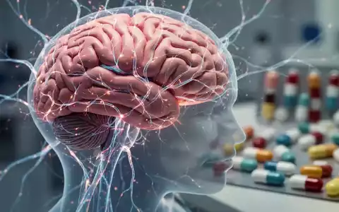 Ein stilisiertes Modell eines menschlichen Gehirns mit leuchtenden neuronalen Pfaden, im Hintergrund verschwommene Pillen. - Foto: über boerse-global.de