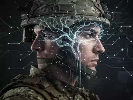 Kopf eines Soldaten im Profil, überlagert mit einem subtilen neuronalen Netzwerk-Grafik, das Technologie und menschlichen Geist verbindet. - Foto: über boerse-global.de
