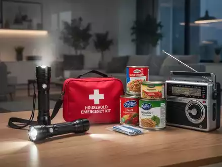 Ein stilisiertes Bild eines Notfallkits für den Haushalt mit Taschenlampe, Erste-Hilfe-Kasten, Konserven und Radio. - Foto: über boerse-global.de