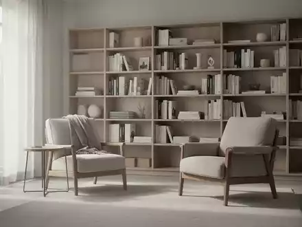 Ein aufgeräumtes, minimalistisches Wohnzimmer mit einem ordentlichen Bücherregal und einem bequemen Sessel, das Ruhe ausstrahlt. - Foto: über boerse-global.de