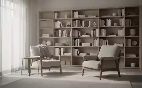 Ein aufgeräumtes, minimalistisches Wohnzimmer mit einem ordentlichen Bücherregal und einem bequemen Sessel, das Ruhe ausstrahlt. - Foto: über boerse-global.de