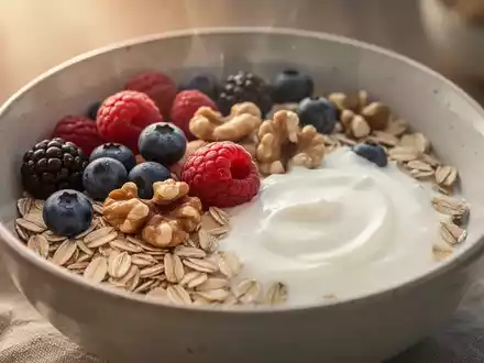 Eine Nahaufnahme einer gesunden Frühstücksschale mit Haferflocken, Beeren, Nüssen und Joghurt, beleuchtet von sanftem Morgenlicht. - Foto: über boerse-global.de