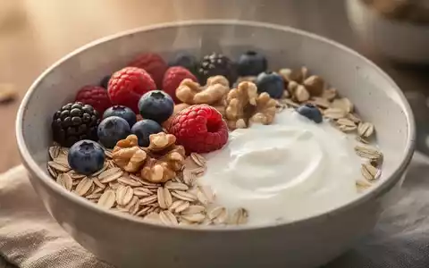 Eine Nahaufnahme einer gesunden Frühstücksschale mit Haferflocken, Beeren, Nüssen und Joghurt, beleuchtet von sanftem Morgenlicht. - Foto: über boerse-global.de