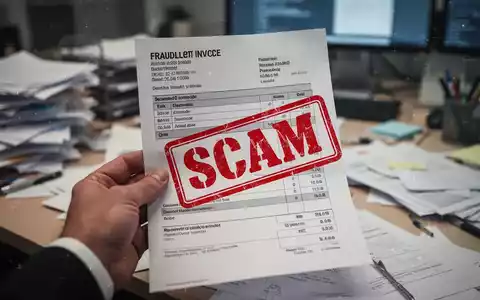 Eine Hand hält eine betrügerische Rechnung, im Hintergrund ein chaotischer Büroschreibtisch. Ein digitaler Stempel zeigt 'SCAM'. - Foto: über boerse-global.de