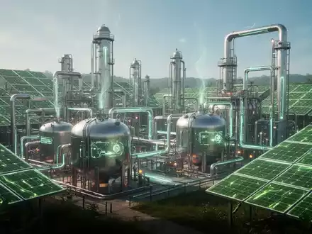 Eine futuristische Chemieanlage mit leuchtenden Rohren und Behältern, umgeben von grünen Solarmodulen unter klarem Himmel. - Foto: über boerse-global.de