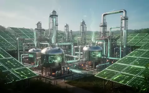 Eine futuristische Chemieanlage mit leuchtenden Rohren und Behältern, umgeben von grünen Solarmodulen unter klarem Himmel. - Foto: über boerse-global.de