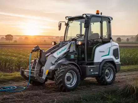 Ein moderner, elektrischer Hoflader mit Ladekabel steht im Morgengrauen auf einem Bauernhof. Fokus auf Technologie und Landwirtschaft. - Foto: über boerse-global.de