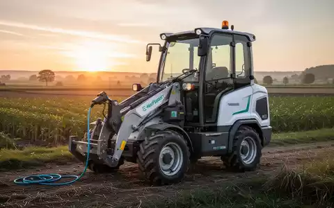 Ein moderner, elektrischer Hoflader mit Ladekabel steht im Morgengrauen auf einem Bauernhof. Fokus auf Technologie und Landwirtschaft. - Foto: über boerse-global.de