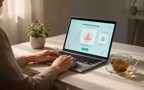 Ein minimalistischer Arbeitsplatz mit einem Laptop, der eine Achtsamkeits-App anzeigt, einer Pflanze und einer Tasse Tee, beleuchtet von sanftem Licht. - Foto: über boerse-global.de