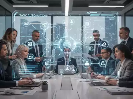 A futuristic AI interface projected on a screen in a modern office, showing integrated business applications and data flows, with professionals collaborating. - Foto: über boerse-global.de