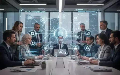A futuristic AI interface projected on a screen in a modern office, showing integrated business applications and data flows, with professionals collaborating. - Foto: über boerse-global.de