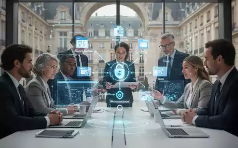 Business professionals collaborating around a holographic interface displaying open-source office suite icons and data migration flowcharts, symbolizing digital sovereignty. - Foto: über boerse-global.de