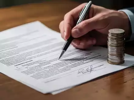 Eine Hand hält einen Stift über ein juristisches Dokument mit Münzstapeln daneben, symbolisiert rechtliche Urteile und finanzielle Folgen. - Foto: über boerse-global.de
