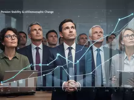 Eine Gruppe verschiedener Personen, die über die Zukunft der Rente nachdenken, mit abstrakten Grafiken im Hintergrund. - Foto: über boerse-global.de