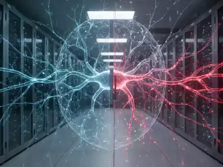 Abstract visual representing AI security and national policy, with digital networks and a protective barrier, symbolizing a shift in government stance. - Foto: über boerse-global.de