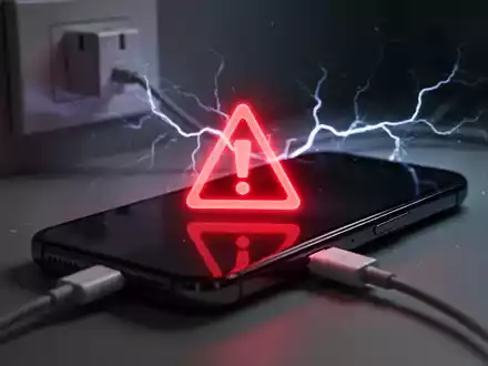 Ein Smartphone, das an ein Ladekabel angeschlossen ist, mit einem roten Warnsymbol auf dem Bildschirm, das auf Laderisiken hinweist. - Foto: über boerse-global.de