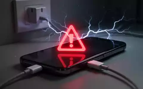 Ein Smartphone, das an ein Ladekabel angeschlossen ist, mit einem roten Warnsymbol auf dem Bildschirm, das auf Laderisiken hinweist. - Foto: über boerse-global.de