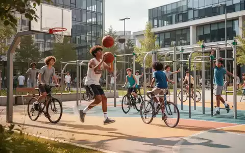 Jugendliche spielen Basketball und fahren Fahrrad in einem modernen, neu gestalteten Stadtpark mit Fitnessgeräten und viel Grün. - Foto: über boerse-global.de