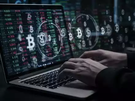 Hände tippen auf einer Laptoptastatur, mit unscharfen Finanzdaten und Kryptowährungssymbolen auf dem Bildschirm, was Krypto-Phishing darstellt. - Foto: über boerse-global.de