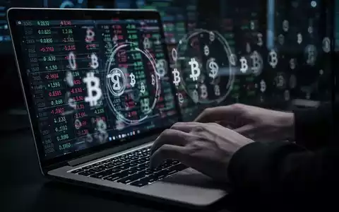 Hände tippen auf einer Laptoptastatur, mit unscharfen Finanzdaten und Kryptowährungssymbolen auf dem Bildschirm, was Krypto-Phishing darstellt. - Foto: über boerse-global.de