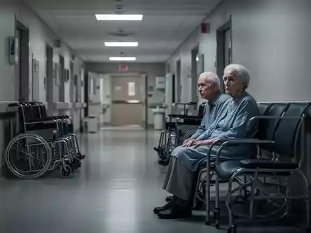 Ein leerer, schwach beleuchteter Krankenhausflur mit einem besorgten älteren Patienten, der auf einer Bank sitzt. - Foto: über boerse-global.de
