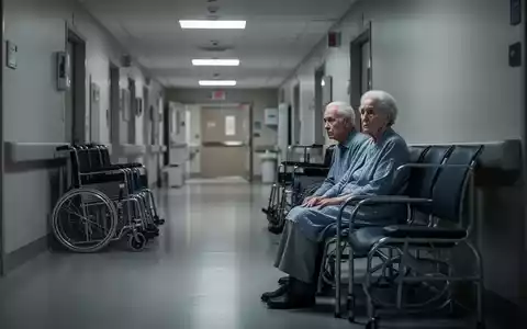 Ein leerer, schwach beleuchteter Krankenhausflur mit einem besorgten älteren Patienten, der auf einer Bank sitzt. - Foto: über boerse-global.de