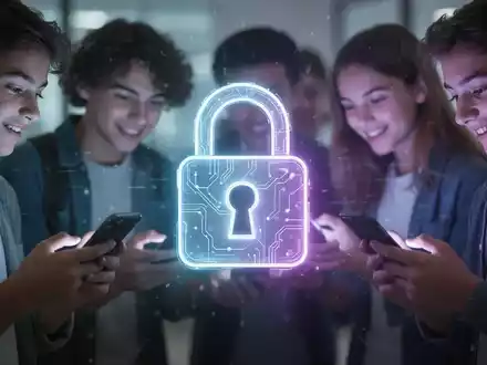 Ein stilisiertes, leuchtendes digitales Vorhängeschloss über einer verschwommenen Gruppe junger Menschen, die Smartphones benutzen, symbolisiert KI-Altersprüfung. - Foto: über boerse-global.de