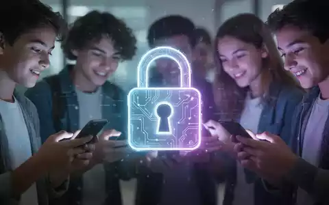 Ein stilisiertes, leuchtendes digitales Vorhängeschloss über einer verschwommenen Gruppe junger Menschen, die Smartphones benutzen, symbolisiert KI-Altersprüfung. - Foto: über boerse-global.de
