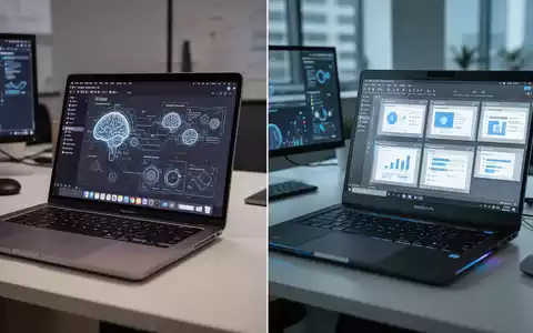 Two laptops side-by-side, one a MacBook Pro and the other a Windows laptop, both displaying presentation software. - Foto: über boerse-global.de