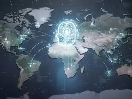 Ein stilisiertes, leuchtendes KI-Assistenten-Symbol schwebt über einer Weltkarte mit Datenströmen, die globale Konnektivität und Technologie symbolisieren. - Foto: über boerse-global.de