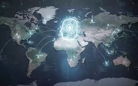 Ein stilisiertes, leuchtendes KI-Assistenten-Symbol schwebt über einer Weltkarte mit Datenströmen, die globale Konnektivität und Technologie symbolisieren. - Foto: über boerse-global.de