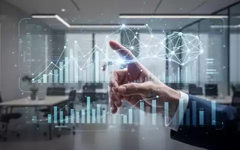 Eine stilisierte menschliche Hand interagiert mit einem holografischen Interface, das Datengrafiken und neuronale Netzwerke zeigt. - Foto: über boerse-global.de