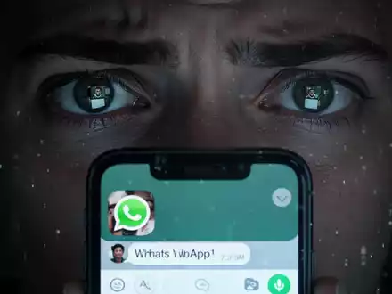 Nahaufnahme eines Smartphones mit einer WhatsApp-Betrugsnachricht, die sich in den Augen einer besorgten Person spiegelt, vor dunklem Hintergrund. - Foto: über boerse-global.de