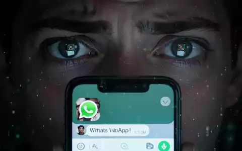 Nahaufnahme eines Smartphones mit einer WhatsApp-Betrugsnachricht, die sich in den Augen einer besorgten Person spiegelt, vor dunklem Hintergrund. - Foto: über boerse-global.de