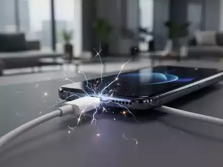 Ein Smartphone wird mit einem Ladekabel verbunden, mit einem subtilen elektrischen Funken am Ladeanschluss, der Überspannung symbolisiert. - Foto: über boerse-global.de